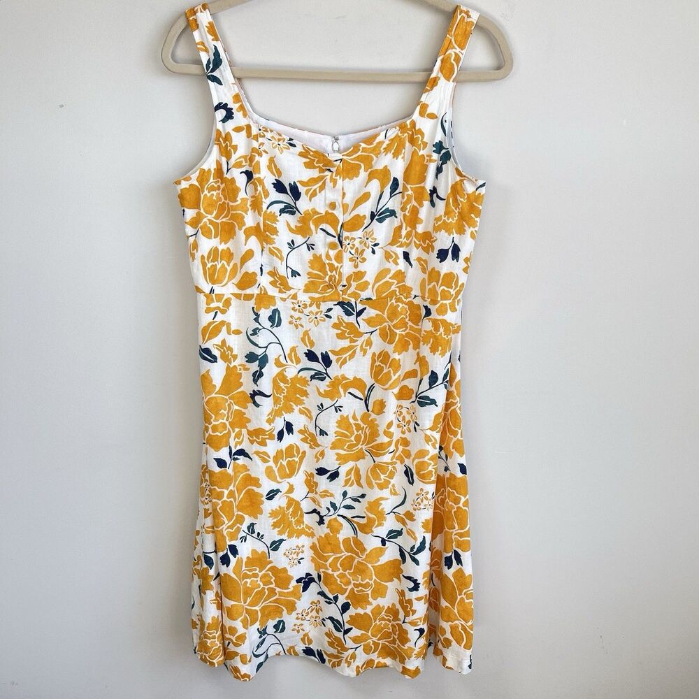 Ann Taylor 16 Yellow Floral A-lined Tank Midi Dress Linen Blend‎ Summer Sundress